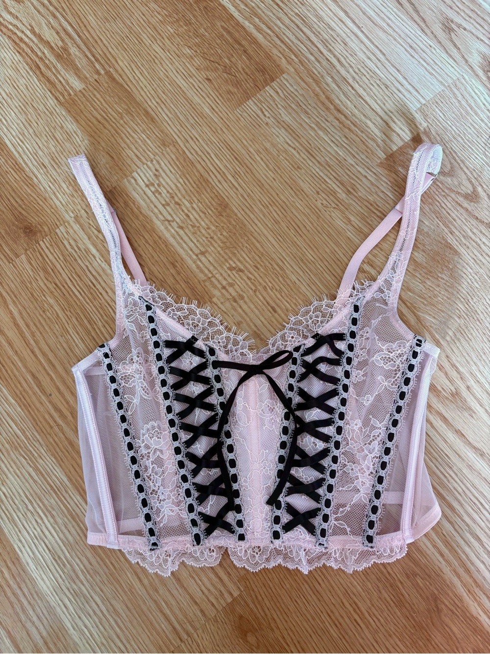 Victoria’s Secret Pink Lace Bralette Bustier Corset w/ Black Ribbon Accents